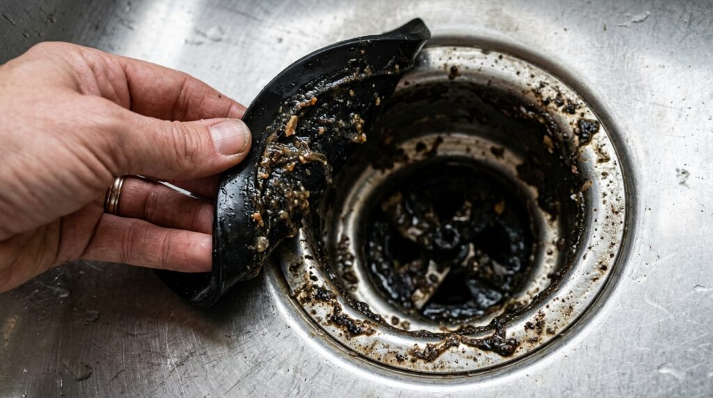 Close-up shot showing accumulated grime and food sludge hidden underneath the rubber splash guard of a kitchen garbage disposal.