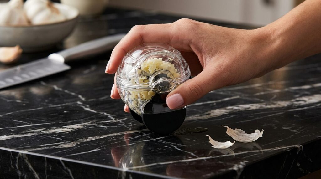 
Chef'n Garlic Zoom Peeler being used on a black marble countertop