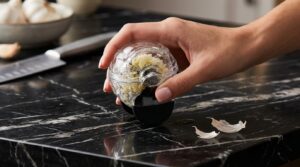 Chef'n Garlic Zoom Peeler being used on a black marble countertop