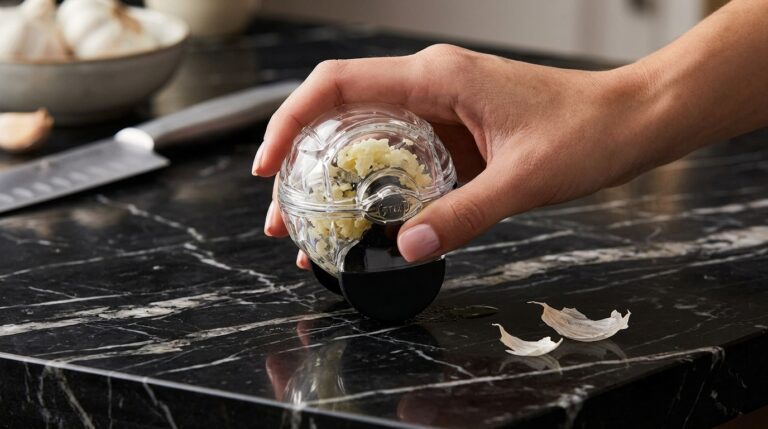 Chef'n Garlic Zoom Peeler being used on a black marble countertop