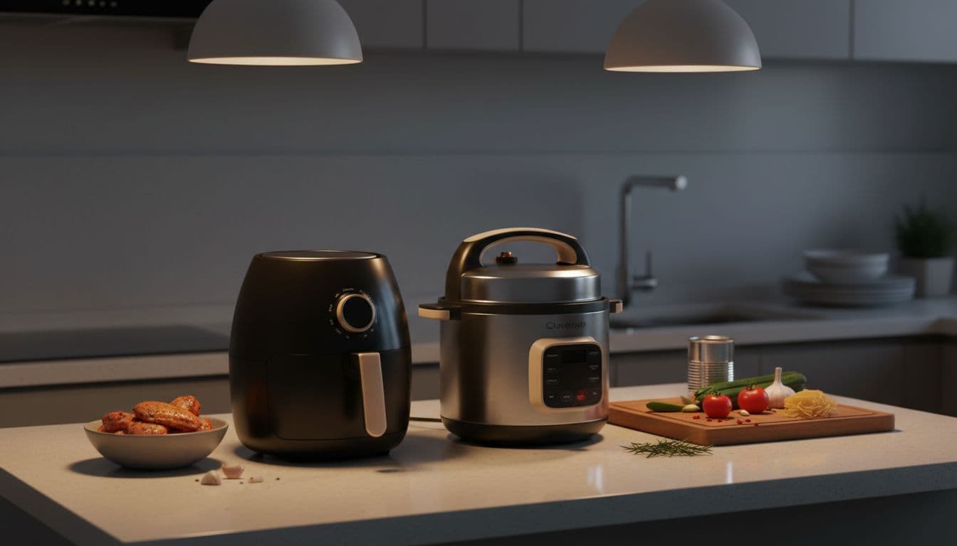 Air fryer and pressure cooker on modern kitchen counter with nearby ingredients under warm overhead lighting.