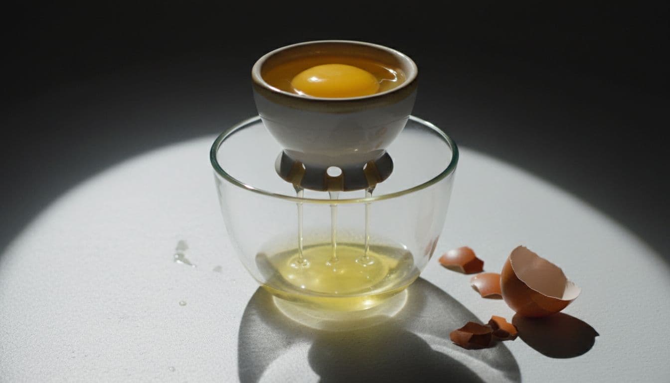 Ceramic egg separator on white counter over glass bowl pours egg white through slots, leaving yolk intact above with scattered shells nearby.
