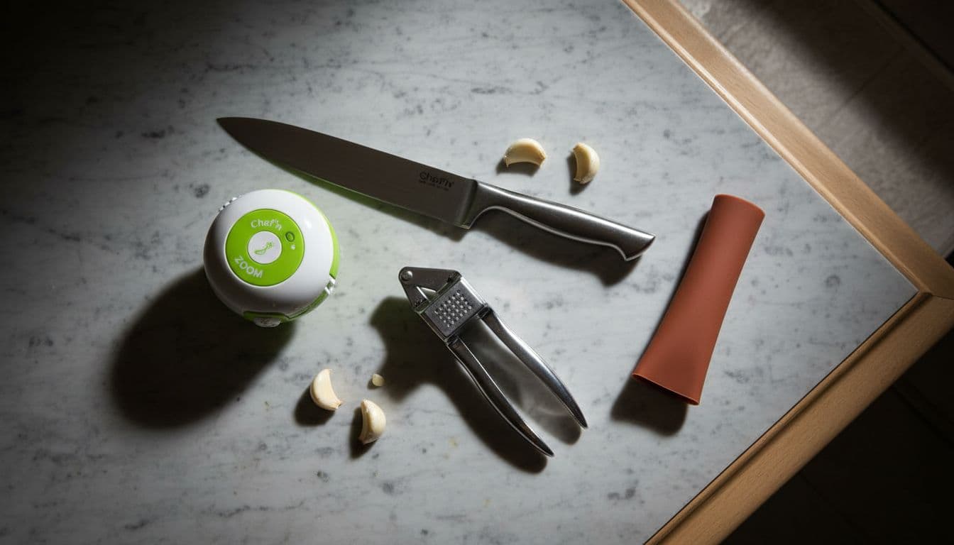 Overhead flat lay composition of Chef'n Garlic Zoom Peeler next to a chef's knife, garlic press, and silicone peeler tube on a marble kitchen counter with peeled garlic cloves, featuring cinematic style, strong contrast, and dramatic lighting.