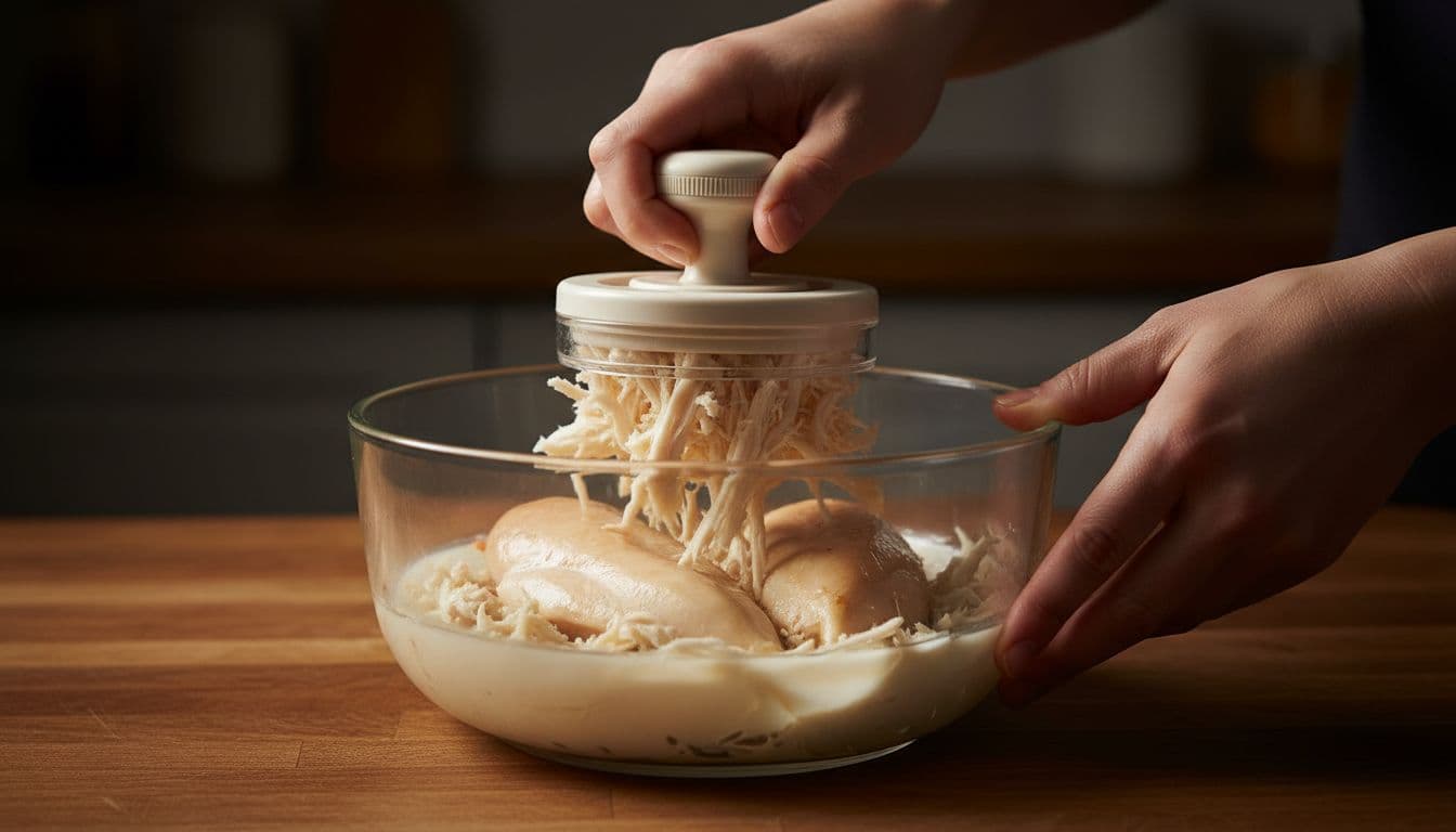 Chicken shredder tool shreds cooked chicken breasts in a clear bowl on a wooden counter, with two hands operating the twist-top mechanism for effortless meal prep.