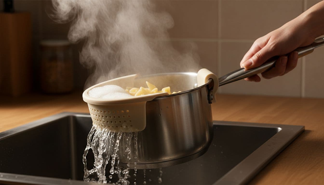 Silicone clip-on strainer on stainless steel pot rim over sink drains boiling pasta with rising steam; hand holds handle safely distant.
