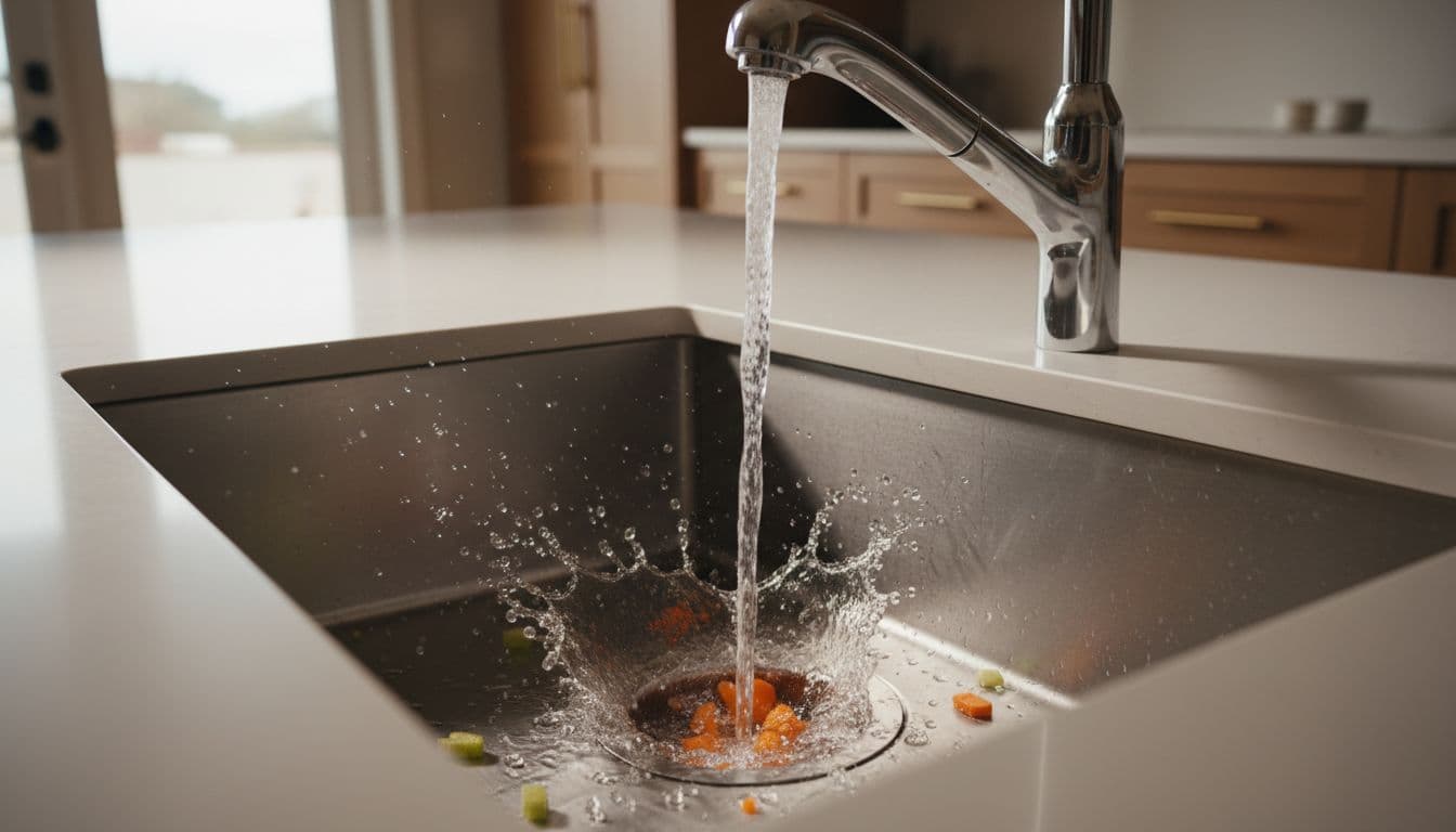 Modern kitchen sink with cold water pouring strongly from the faucet into the garbage disposal drain, grinding small vegetable scraps like carrot and celery pieces. Realistic water splash and motion blur on scraps in cinematic style with dramatic lighting.