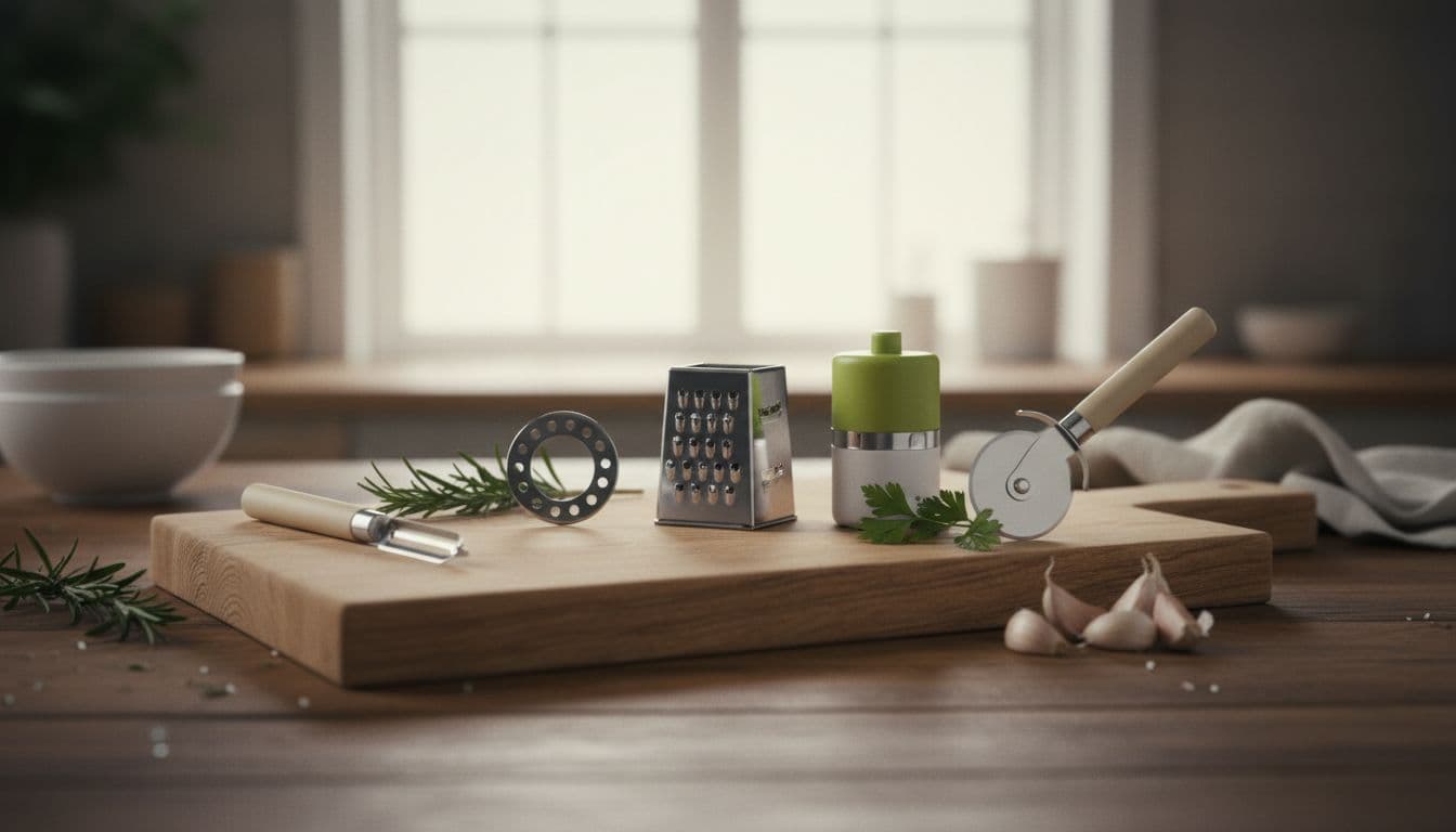 Five compact prep tools in a neat row on wooden cutting board with garlic cloves and herbs beside.