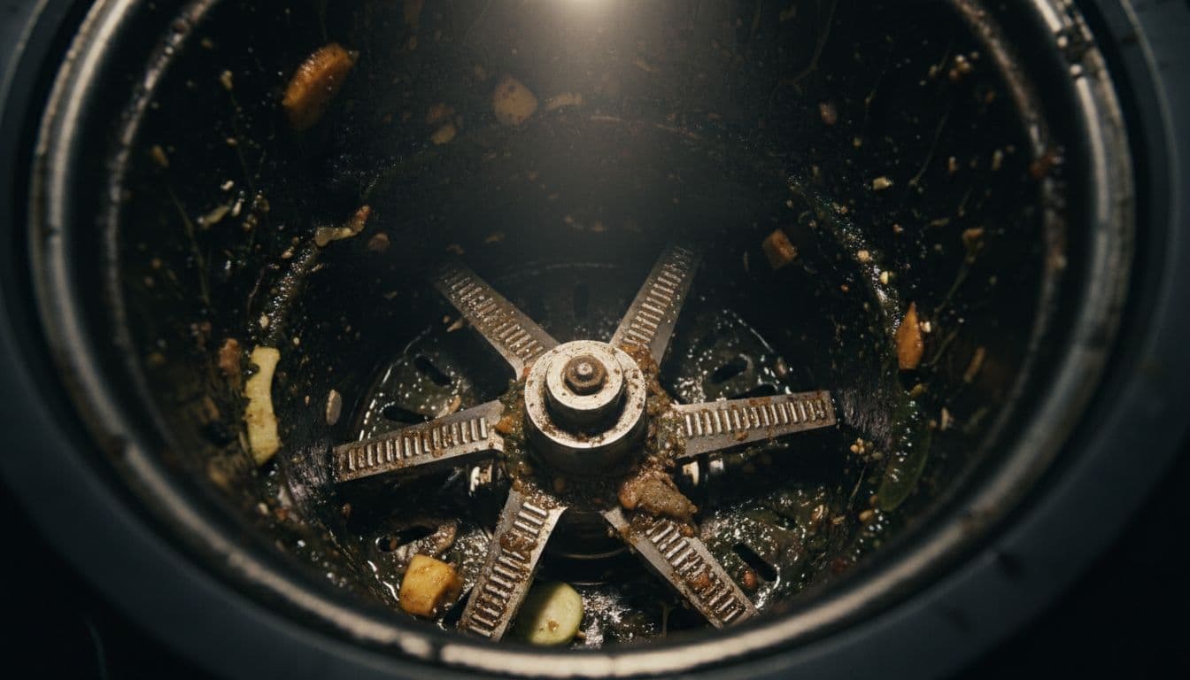 Interior close-up of a kitchen garbage disposal unit showing accumulated food debris, grease slime, and bacterial growth on rusty blades and side walls in a dark, damp environment.