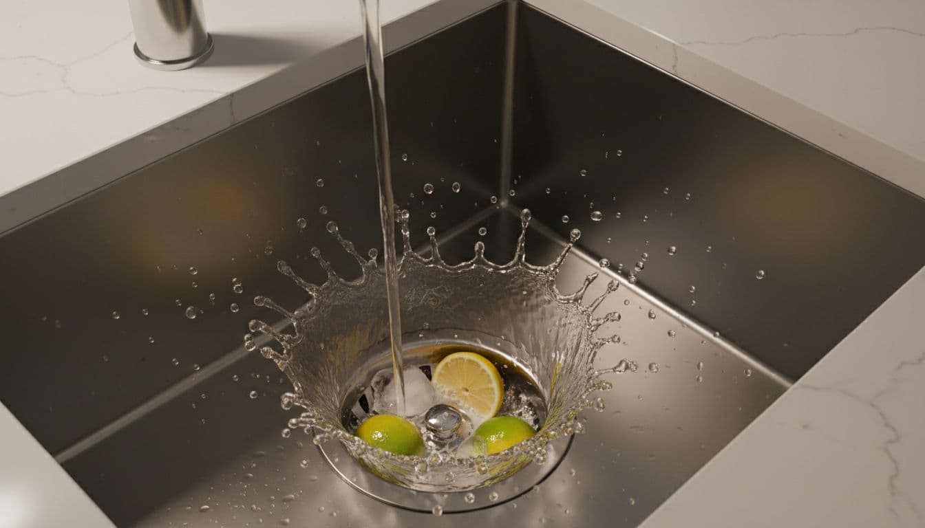 Clean kitchen sink with activated garbage disposal grinding ice cubes and halved lemon peels under running cold water, splashing dynamically with shiny blades visible through the drain.