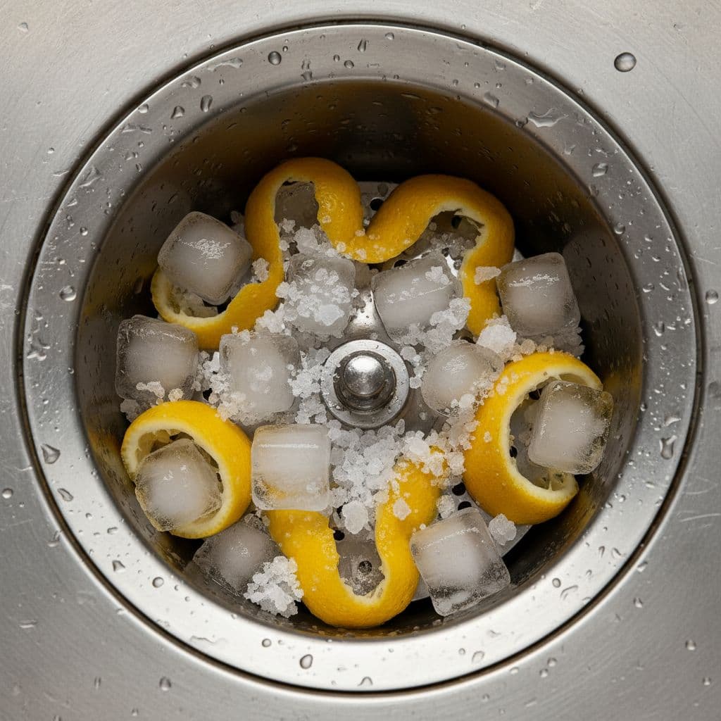 Close-up view inside a stainless steel garbage disposal chamber featuring ice cubes, rock salt grains, and halved lemon peels with water droplets for a fresh, clean appearance.