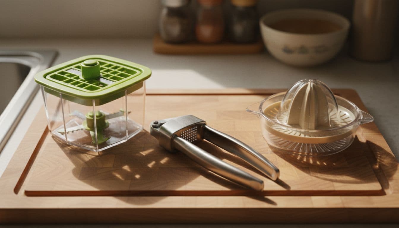 Garlic press, vegetable chopper, and citrus juicer on wooden cutting board with natural light and blurred background.