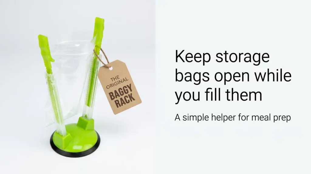 Green Baggy Rack with two upright supports for holding a storage bag open.