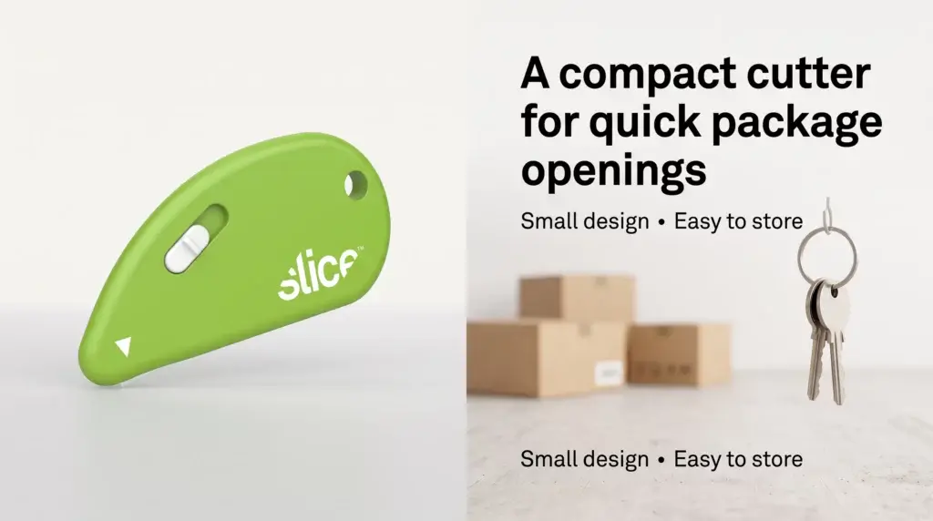 Green Slice safety cutter with a compact curved body and a small blade opening at the tip.
