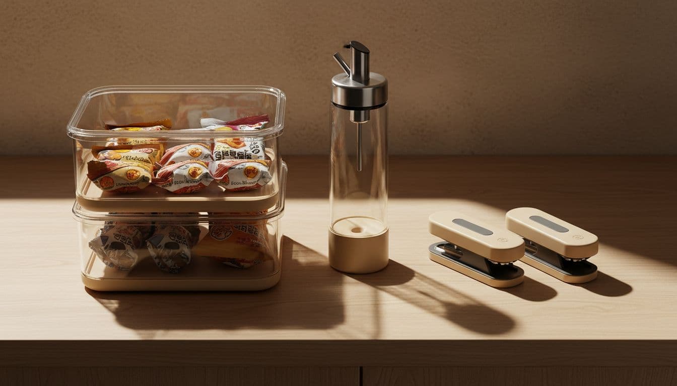 Stackable organizers, oil dispenser, and bag sealers neatly arranged in drawer from overhead view.