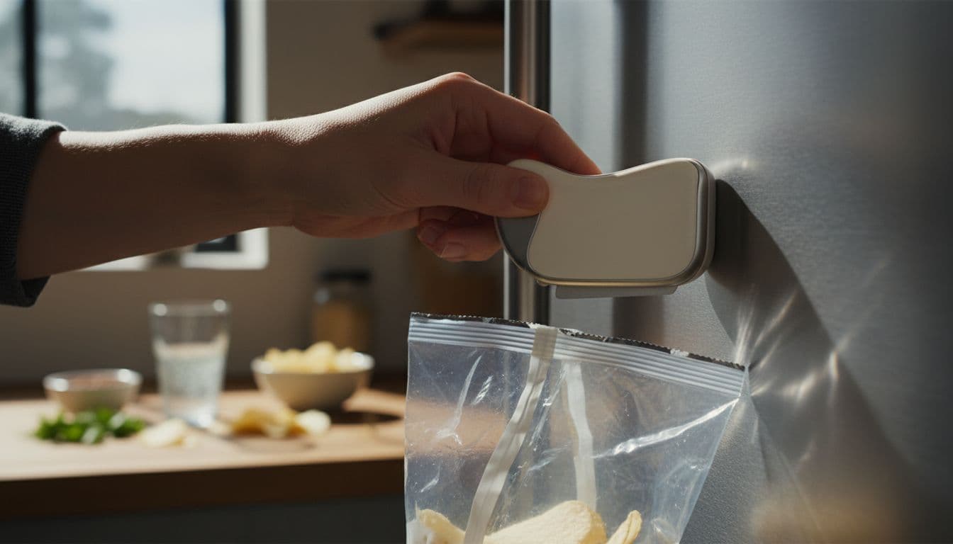 A magnetic package opener tool sticks to a stainless steel fridge door as one hand uses it to cleanly pull open a sealed plastic chip bag without tearing, with a kitchen counter and ingredients in the background under dramatic cinematic lighting.