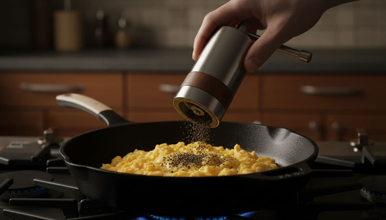 Ratchet pepper mill grinding fresh black pepper onto scrambled eggs in a cast iron pan on a gas stove, with one hand turning the crank smoothly and pepper grains falling in a warm kitchen with cinematic lighting.
