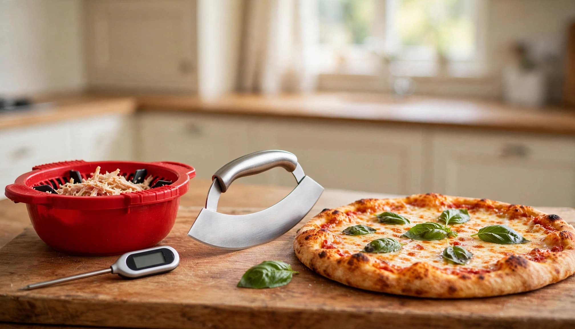 A rocker-style pizza cutter beside a pizza, red bowl, and digital thermometer.