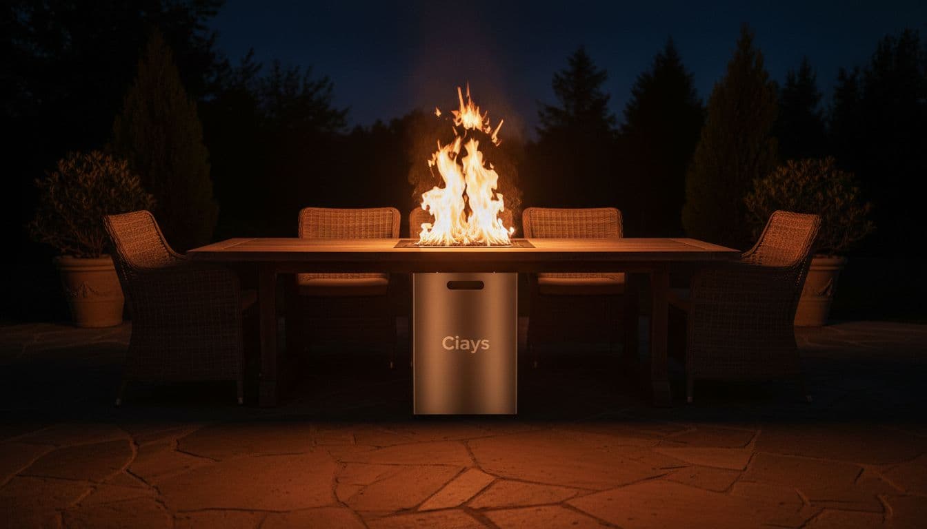 Smokeless fire pit on outdoor table with broad flames and visible heat waves at night.