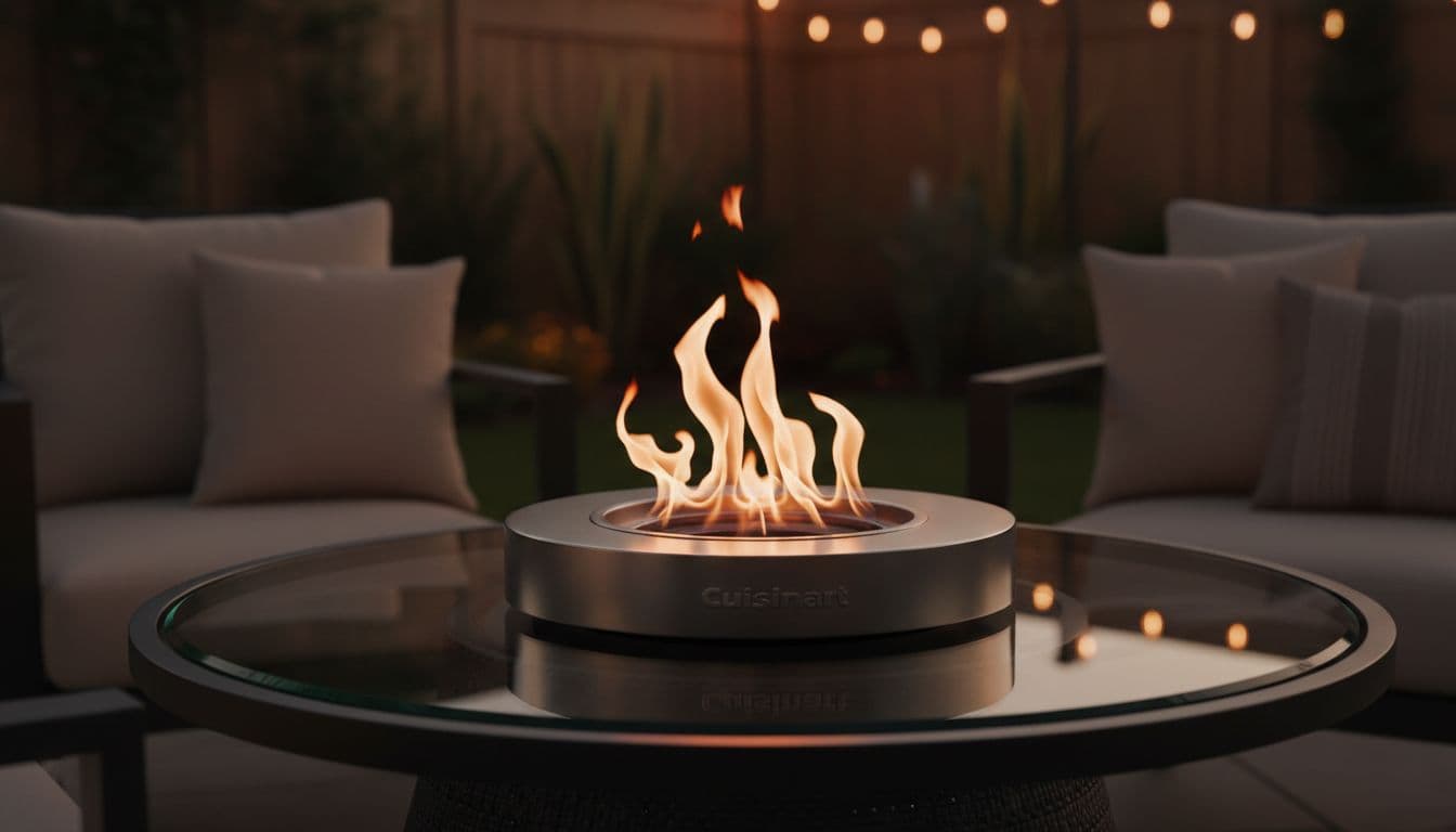 Cuisinart Cleanburn tabletop fire pit with dancing flames on glass table in modern patio.