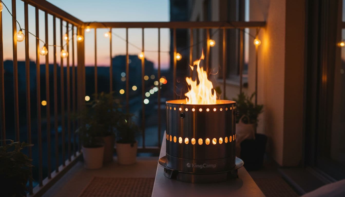 Compact KingCamp smokeless fire pit on tiny apartment balcony railing with dancing flames, low smoke, and evening string lights.