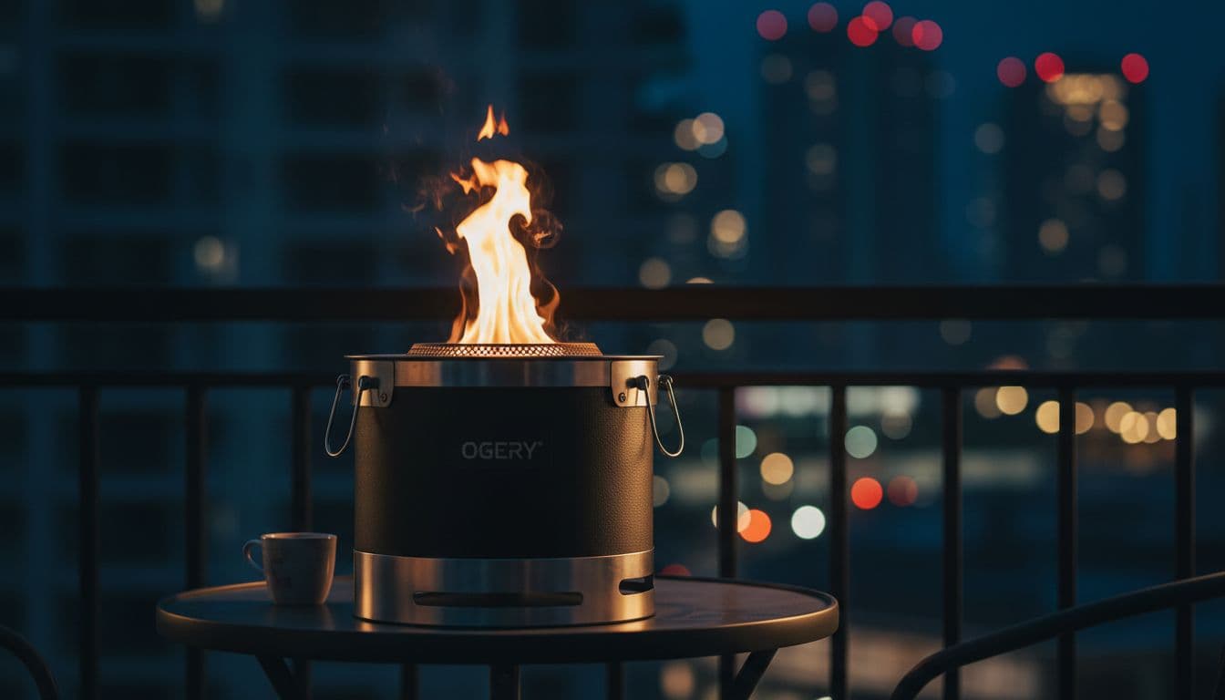 Close-up of OGERY dual-fuel fire pit burning wood pellets cleanly on balcony table with blurred city lights.