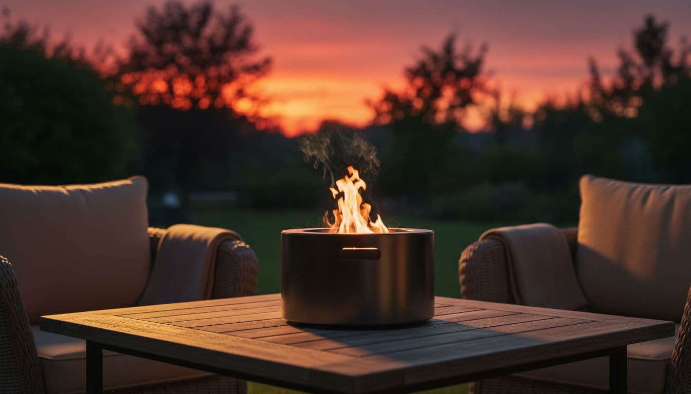 Compact smokeless fire pit on wooden patio table at dusk with low smoke rising from flames, two chairs nearby.