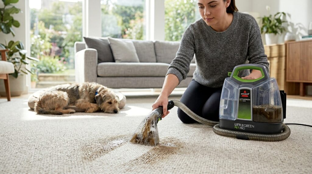 BISSELL Little Green Pet Pro portable carpet and upholstery cleaner removing pet stains from a living room rug