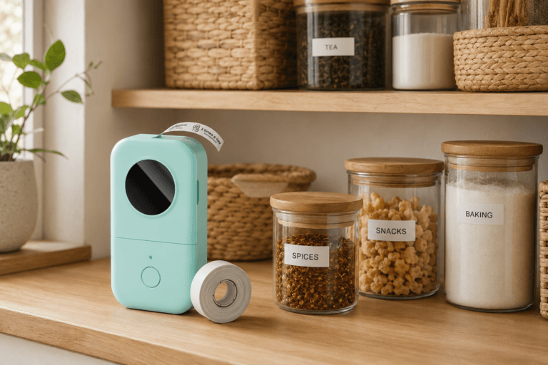 Mint handheld label maker beside neatly labeled pantry containers in a warm, organized home.