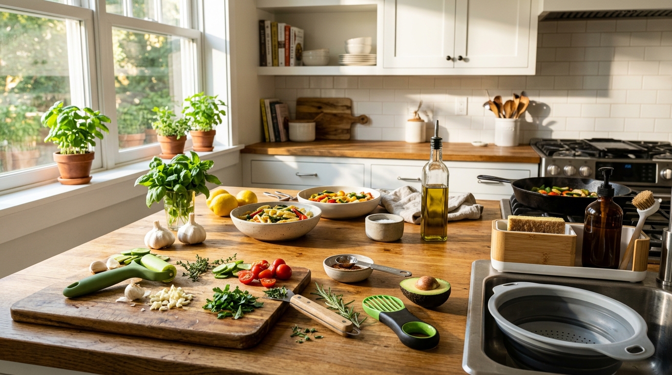 Modern kitchen with practical cooking gadgets helping solve everyday food preparation challenges.
