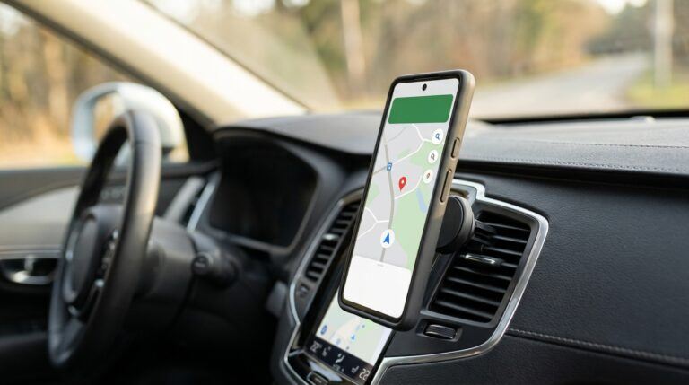 Magnetic phone mount holding a smartphone on a car air vent