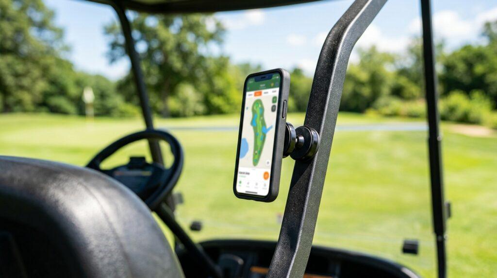 Magnetic golf cart phone mount attached to a steel cart rail