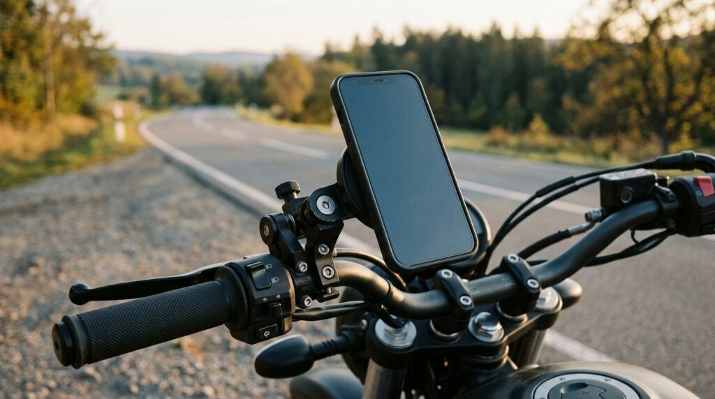Rugged magnetic phone mount holding a smartphone on a motorcycle handlebar