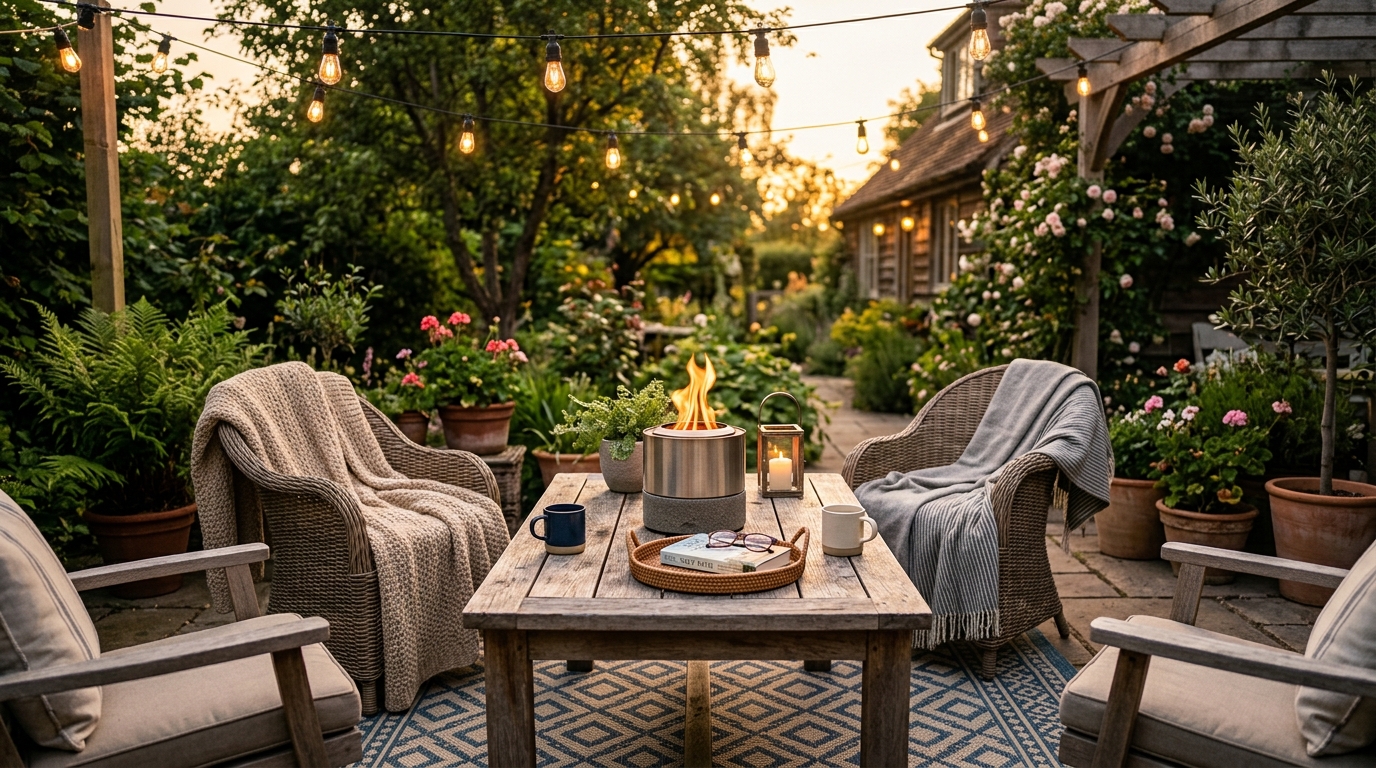 Cozy backyard patio with a smokeless tabletop fire pit.