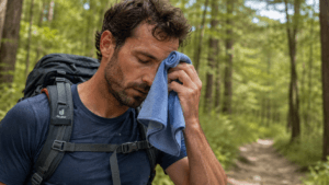 Sea to Summit AirLite Towel being used by a hiker on the trail to wipe his brow