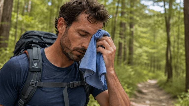 Sea to Summit AirLite Towel being used by a hiker on the trail to wipe his brow