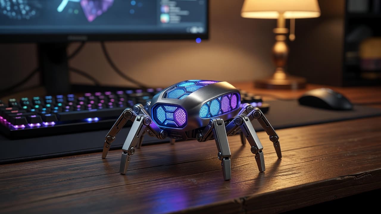 Robot-spider Bluetooth speaker glowing blue and purple beside a gaming setup.