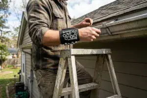 A magnetic wristband holding nuts and bolts while person is working on a gutter and standing on a step ladder.