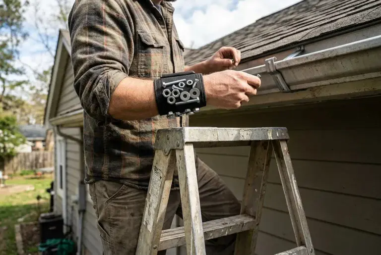 A magnetic wristband holding nuts and bolts while person is working on a gutter and standing on a step ladder.