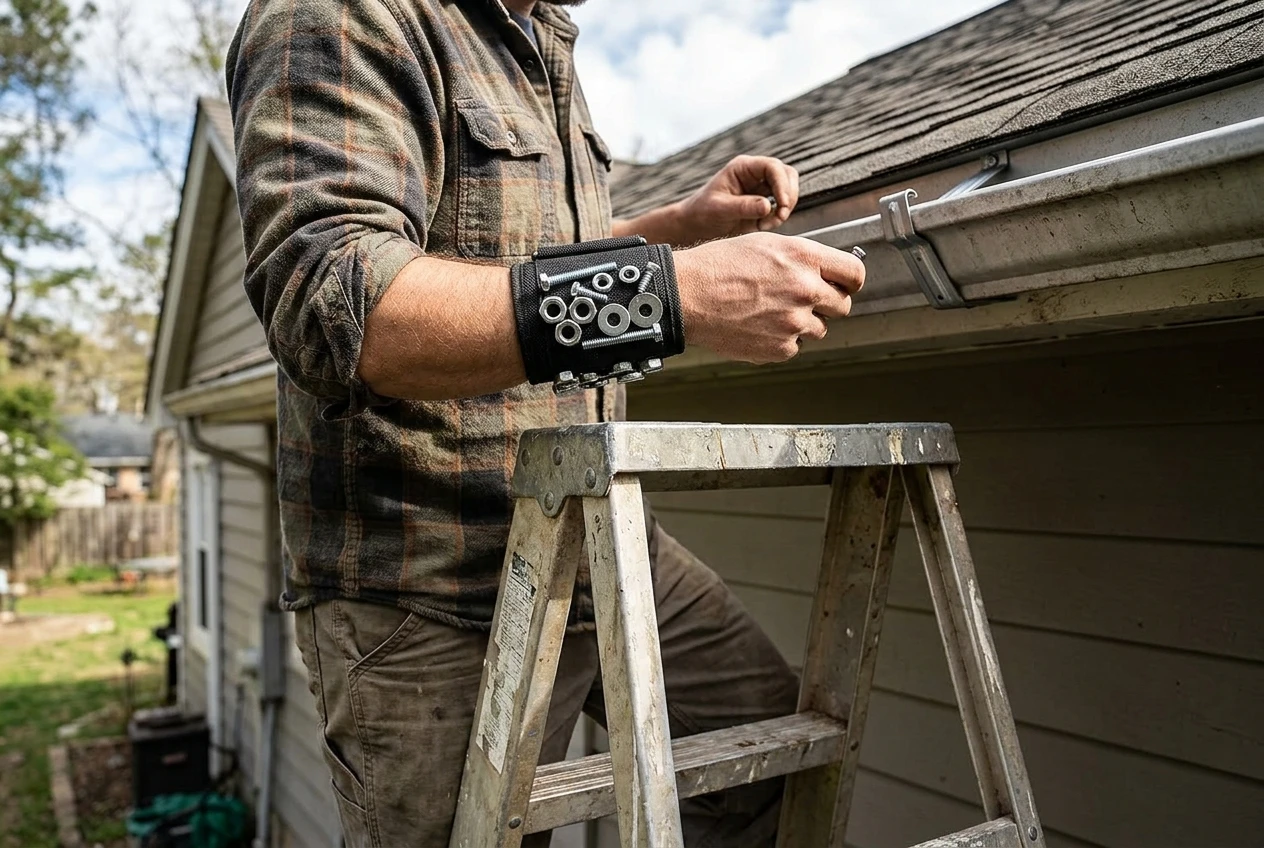 A magnetic wristband holding nuts and bolts while person is working on a gutter and standing on a step ladder.