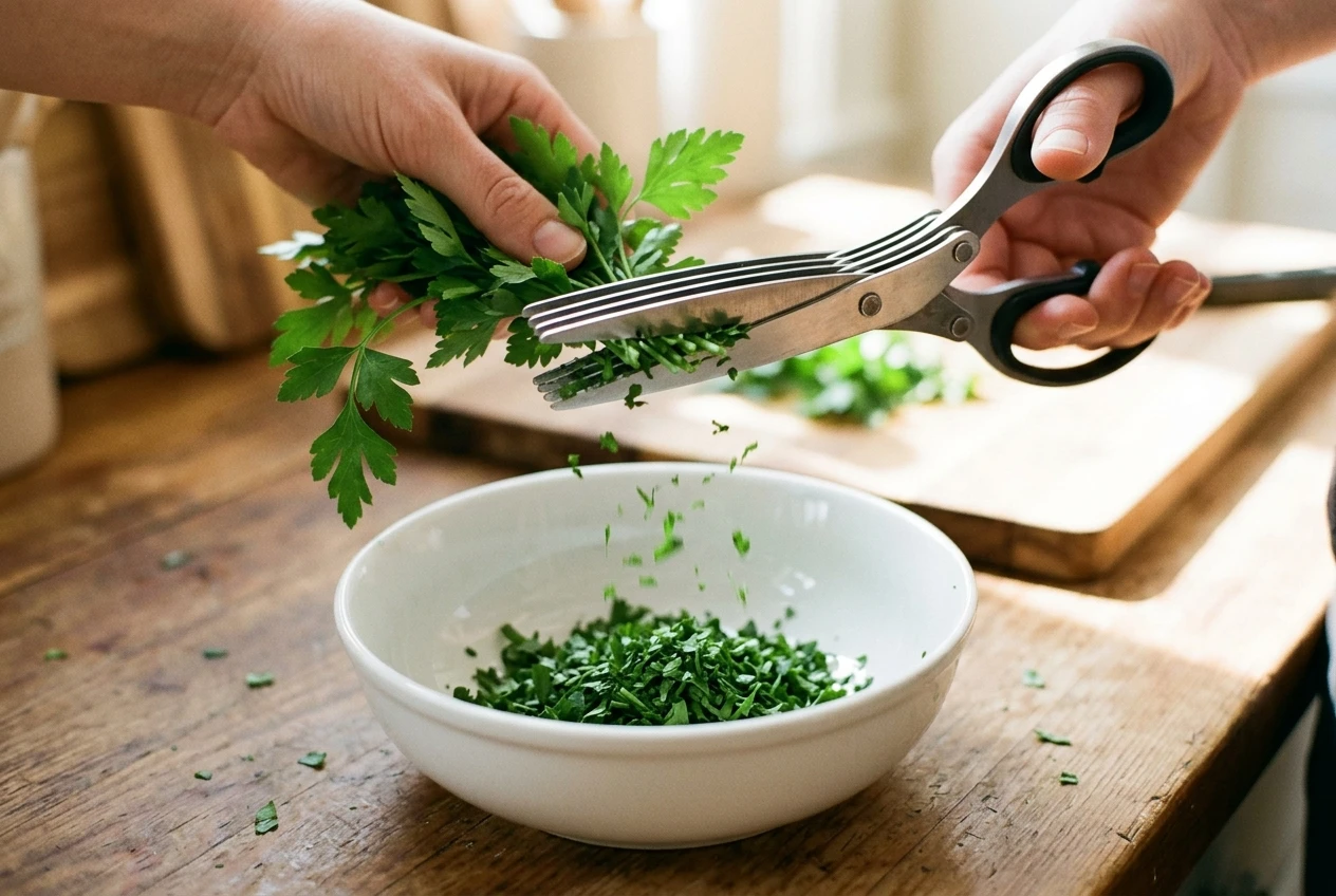 Multi-blade herb scissors mid-snip over a white bowl, a bunch of bright green flat-leaf parsley being cut into fine confetti-like pieces, on a wooden counter in soft morning window light.