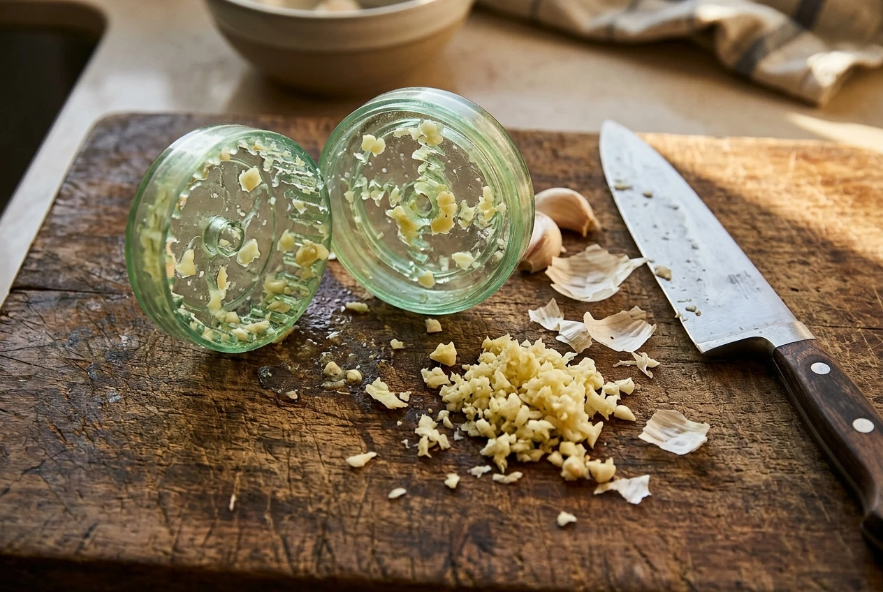 A plastic garlic twist mincer sitting open beside a chef's knife and a small pile of minced garlic on a worn wooden cutting board, with bits of garlic stuck in the ridges of the plastic tube, in warm kitchen light.