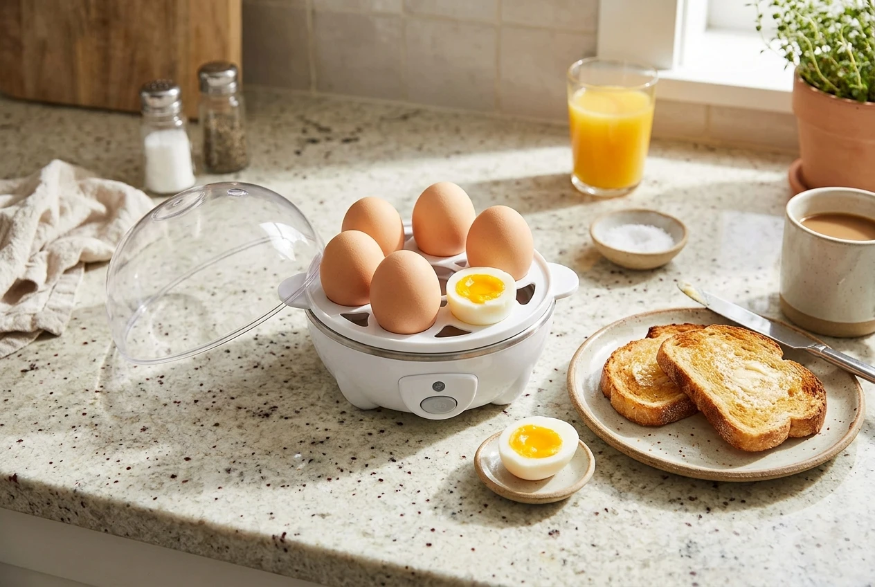 A compact white electric egg cooker with its clear lid off, showing a tray of six perfectly boiled eggs, one peeled and halved with a creamy yolk, next to a plate of toast on a bright breakfast counter.