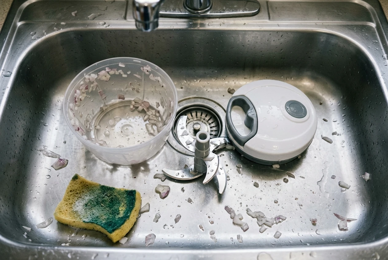 A disassembled onion chopper in a stainless sink, its bowl, blade assembly and lid scattered with onion pieces and wet with juice, a sponge nearby, under cool overhead light.