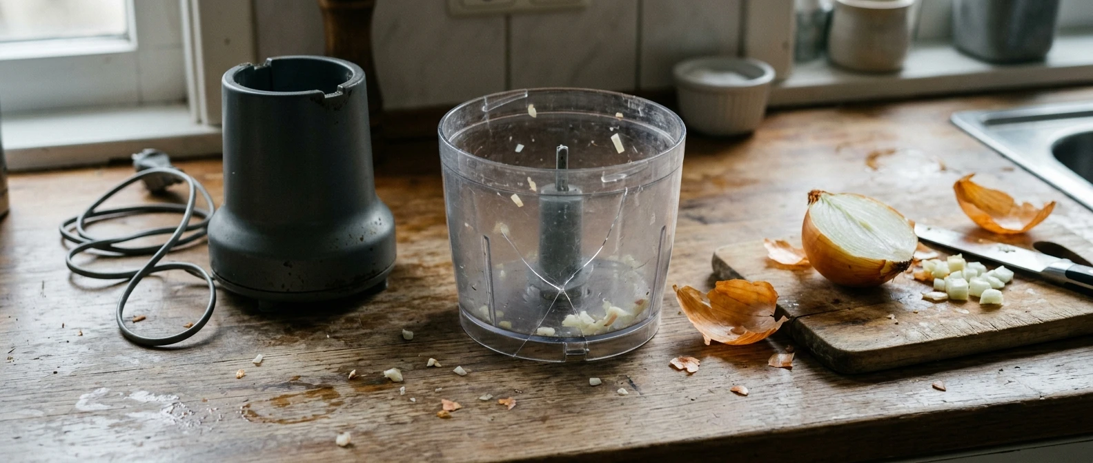 A cracked clear plastic chopper bowl with a hairline split running up from the base, sitting on a worn wooden counter beside a half-chopped yellow onion and a stalled compact motor base, soft morning window light, cool greys against warm onion tones.