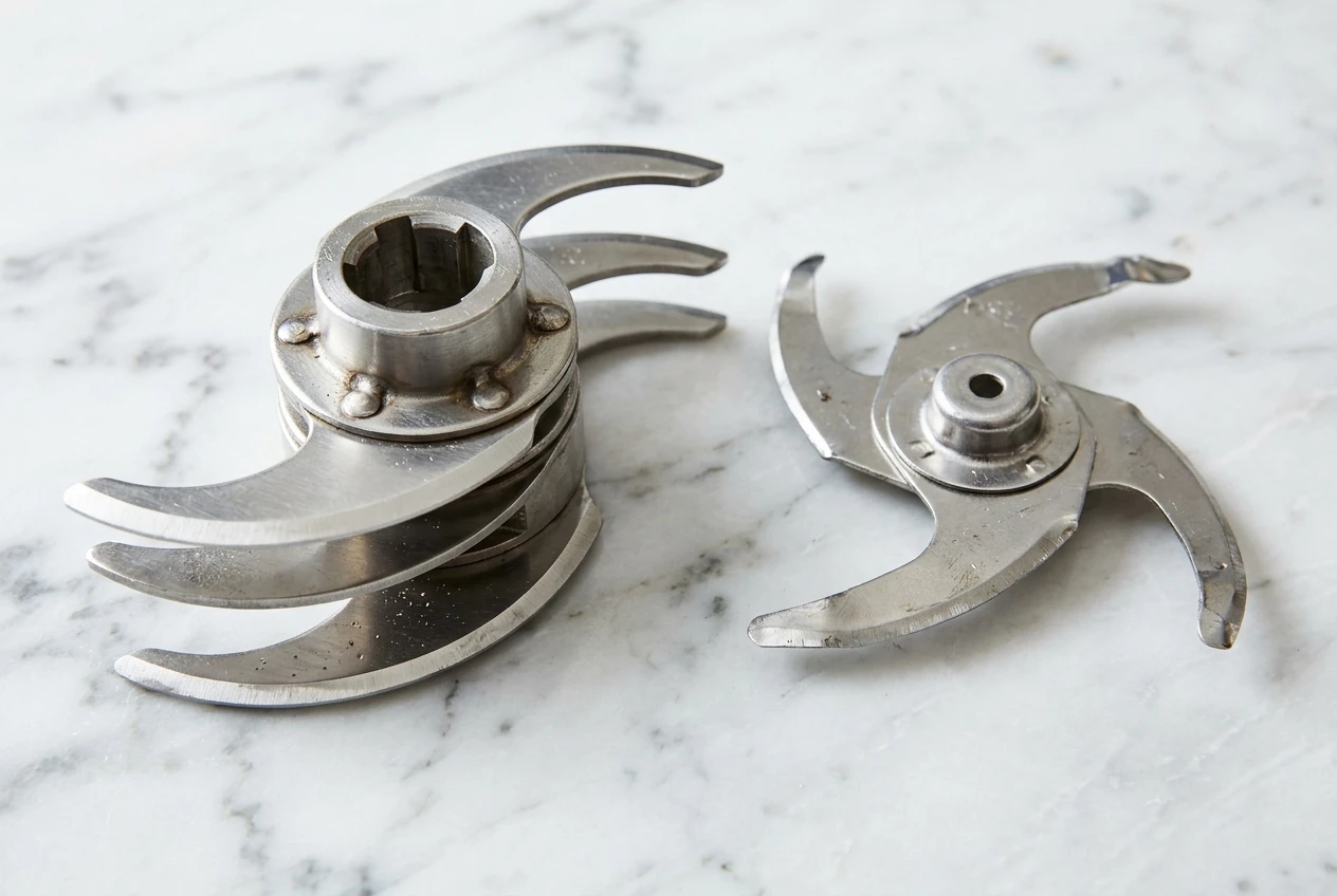 Close-up of two removed chopper blade assemblies side by side on a white marble surface: one thick, solid stainless steel tiered set with a firm central hub, and one thin stamped blade set bent slightly at the edges, bright even light with crisp reflections.