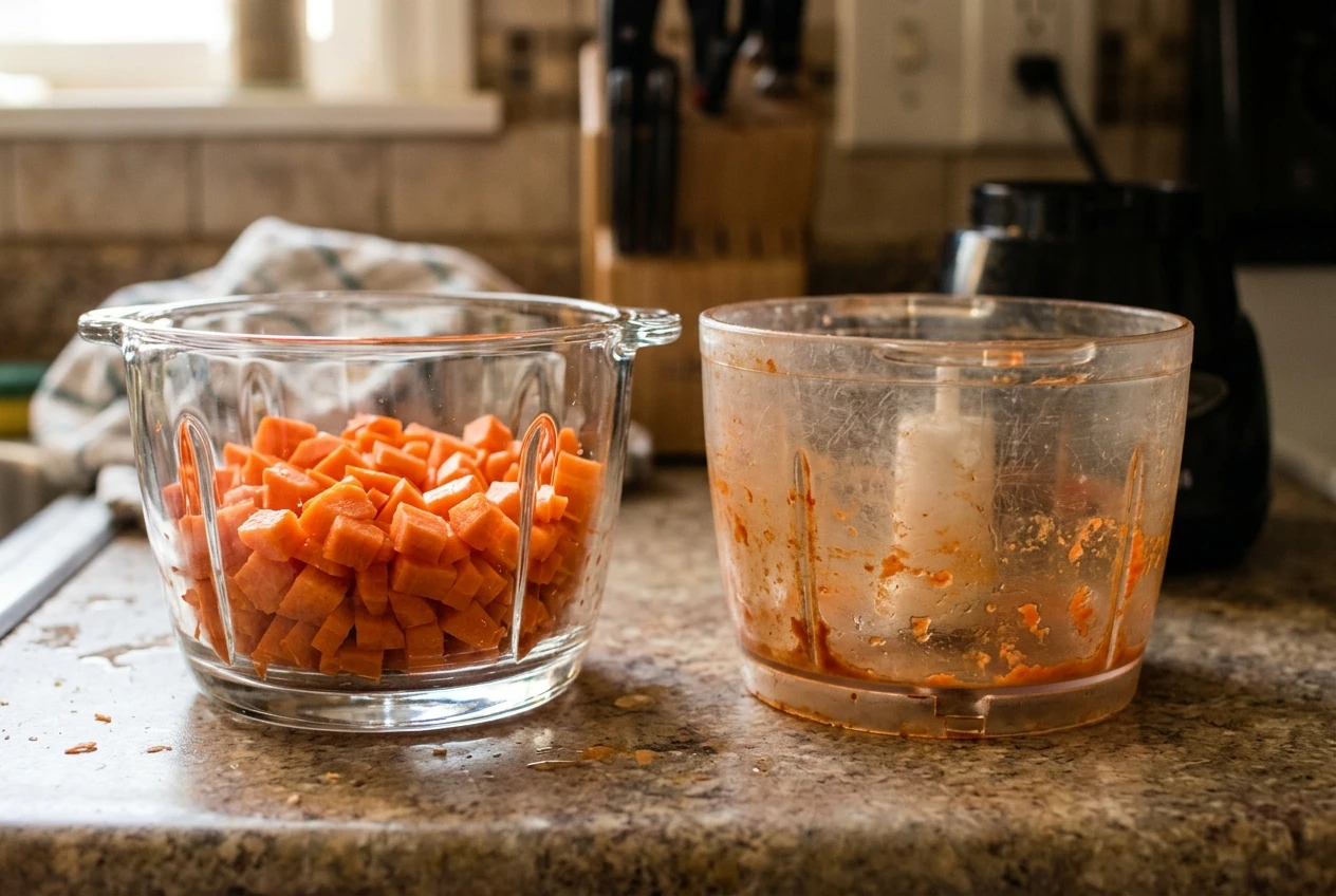 A glass chopper bowl and a clouded, tomato-stained plastic chopper bowl placed next to each other on a kitchen counter, the glass one clear and holding diced carrots, the plastic one tinted orange, warm side light.