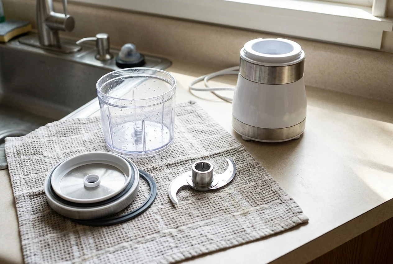 A disassembled electric chopper laid out on a dish towel beside a sink: bowl, lid with its rubber seal, and detached blades drying in a row, while the motor base sits dry on a separate clean spot, bright daylight, white and stainless tones.