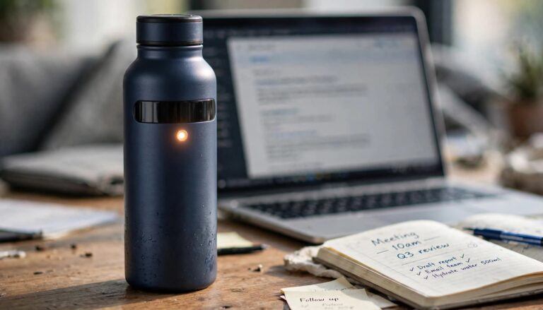 Smart water bottle with a glowing reminder light on a desk beside a laptop and notebook, used to illustrate timed hydration alerts during a workday.