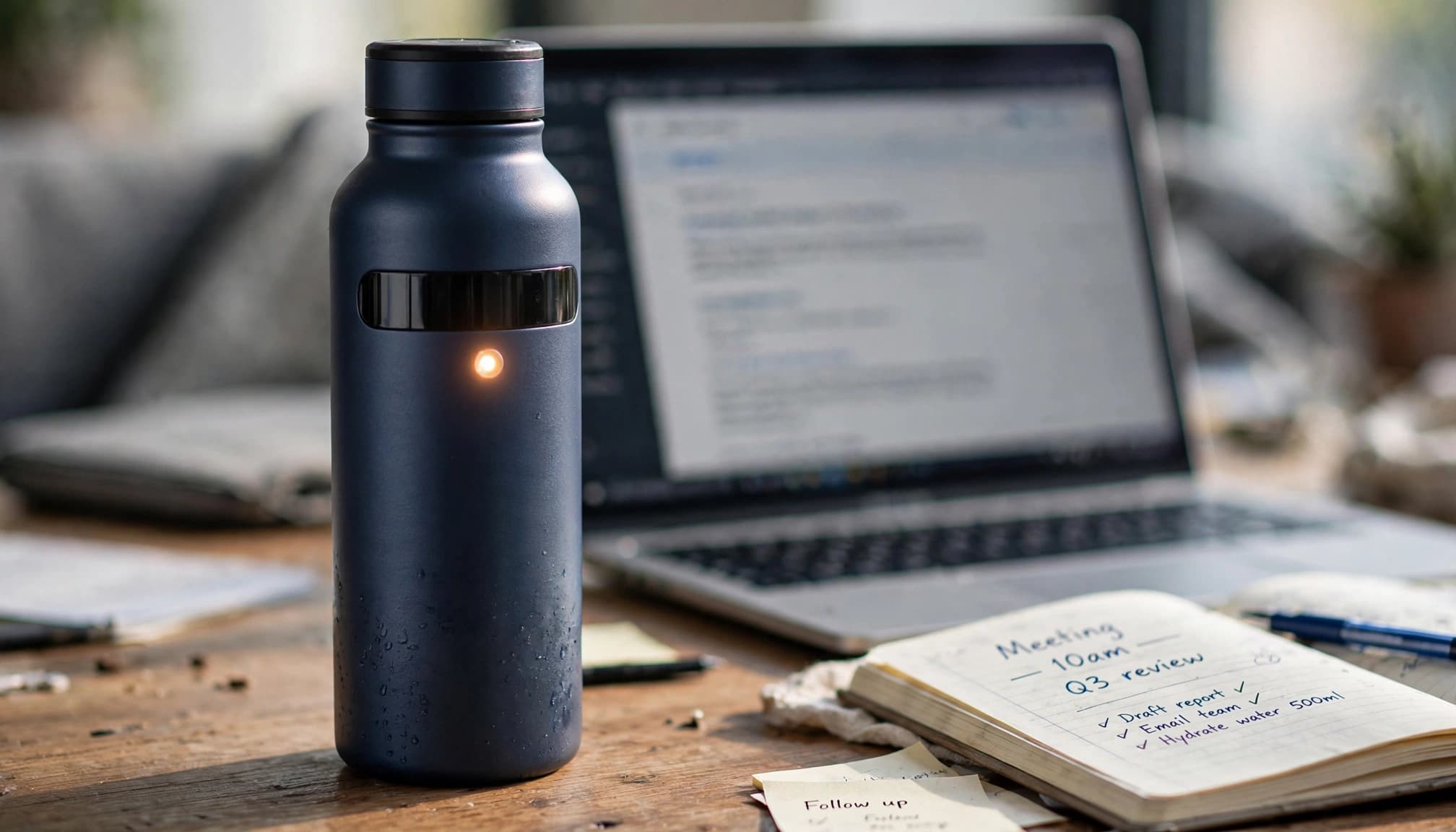Smart water bottle with a glowing reminder light on a desk beside a laptop and notebook, used to illustrate timed hydration alerts during a workday.