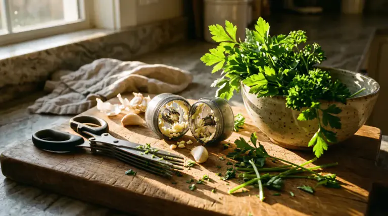 Herb scissors and an open garlic mincer on a kitchen counter, showing two unusual kitchen gadgets.